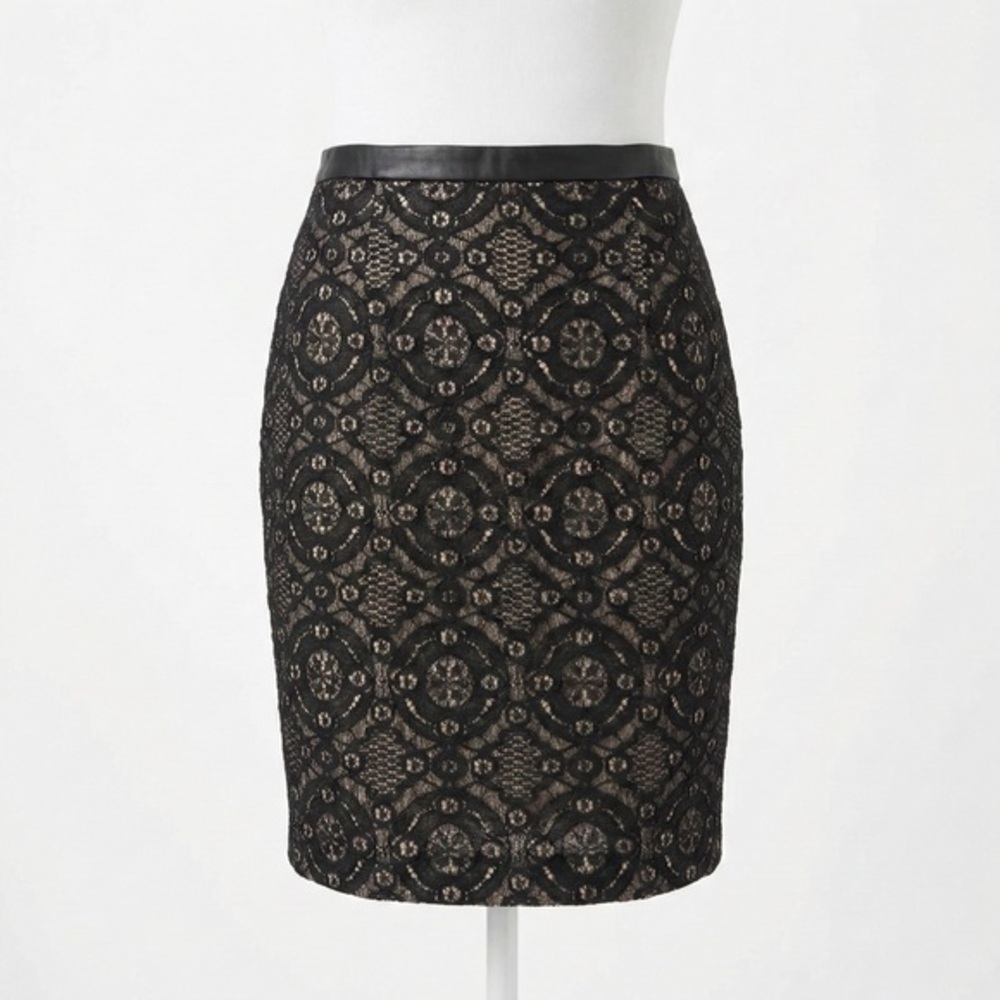 Forever 21 Black Lace Pencil Skirt Faux Leather Waistband Geometric Nude Lined S